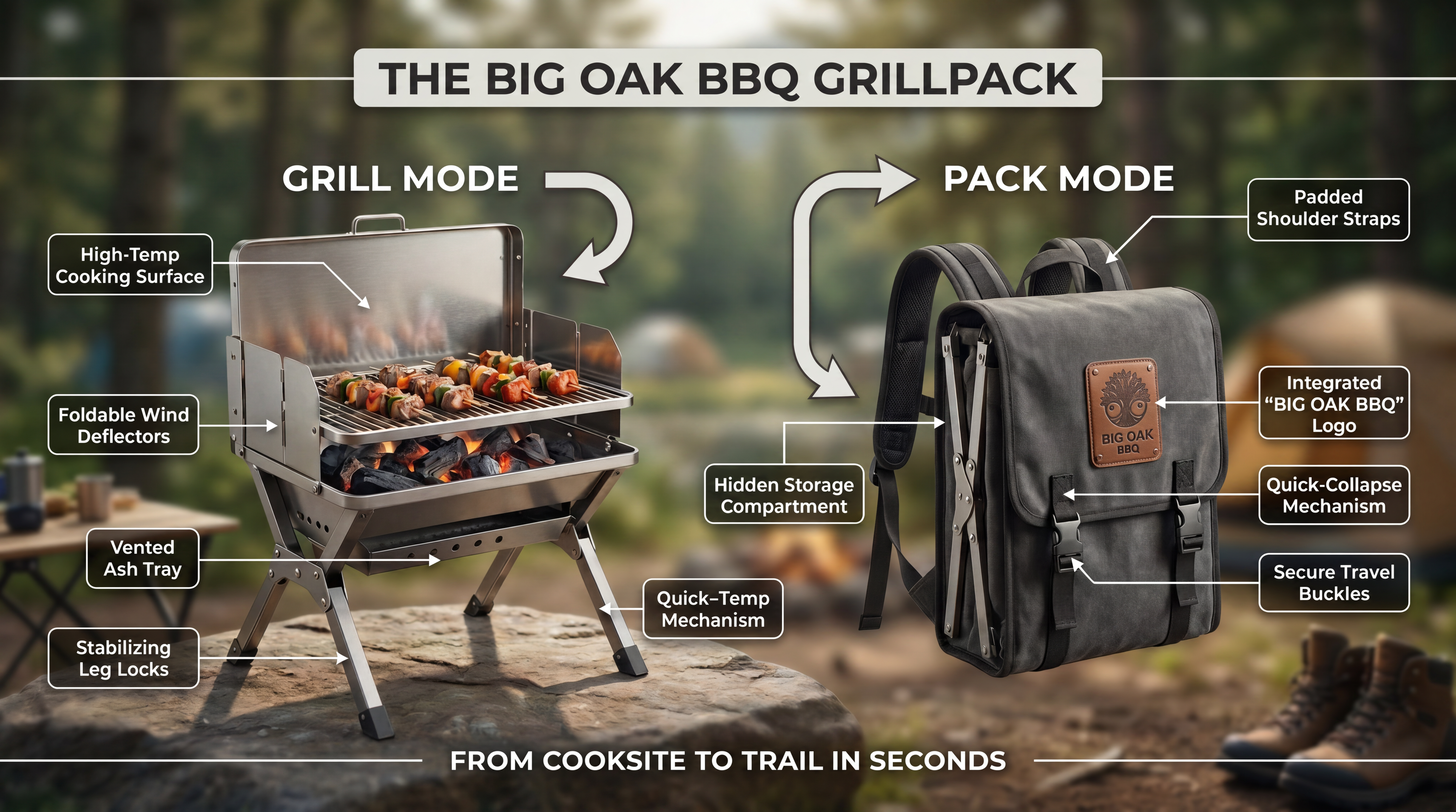 Big Oak BBQ Foldable Kit converts between grill and backpack